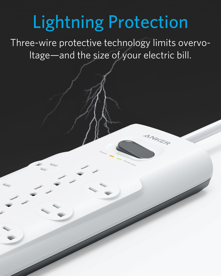 Anker PowerPort Power Strip 12 Outlets /& 3 USB Ports Surge Protector